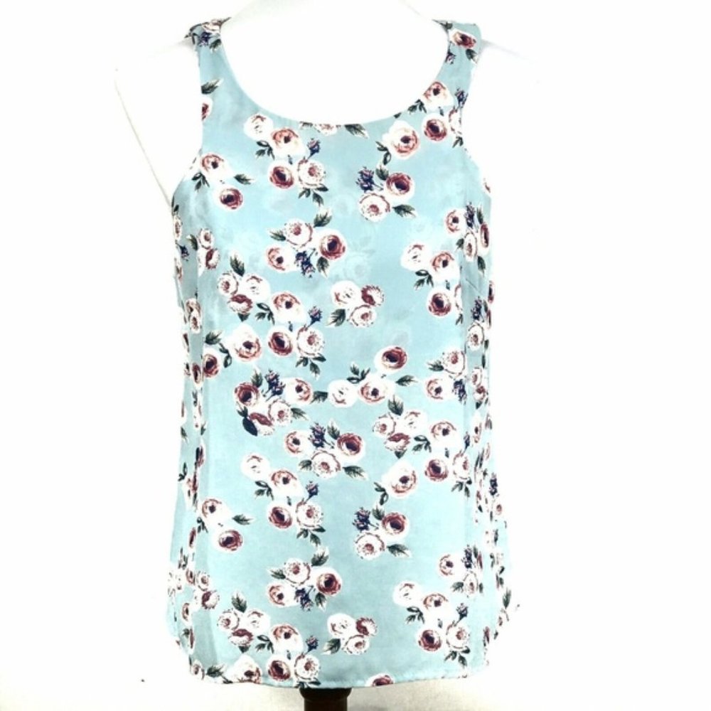 Anthro Paper Crane Top Floral on Blue Exposed Zip